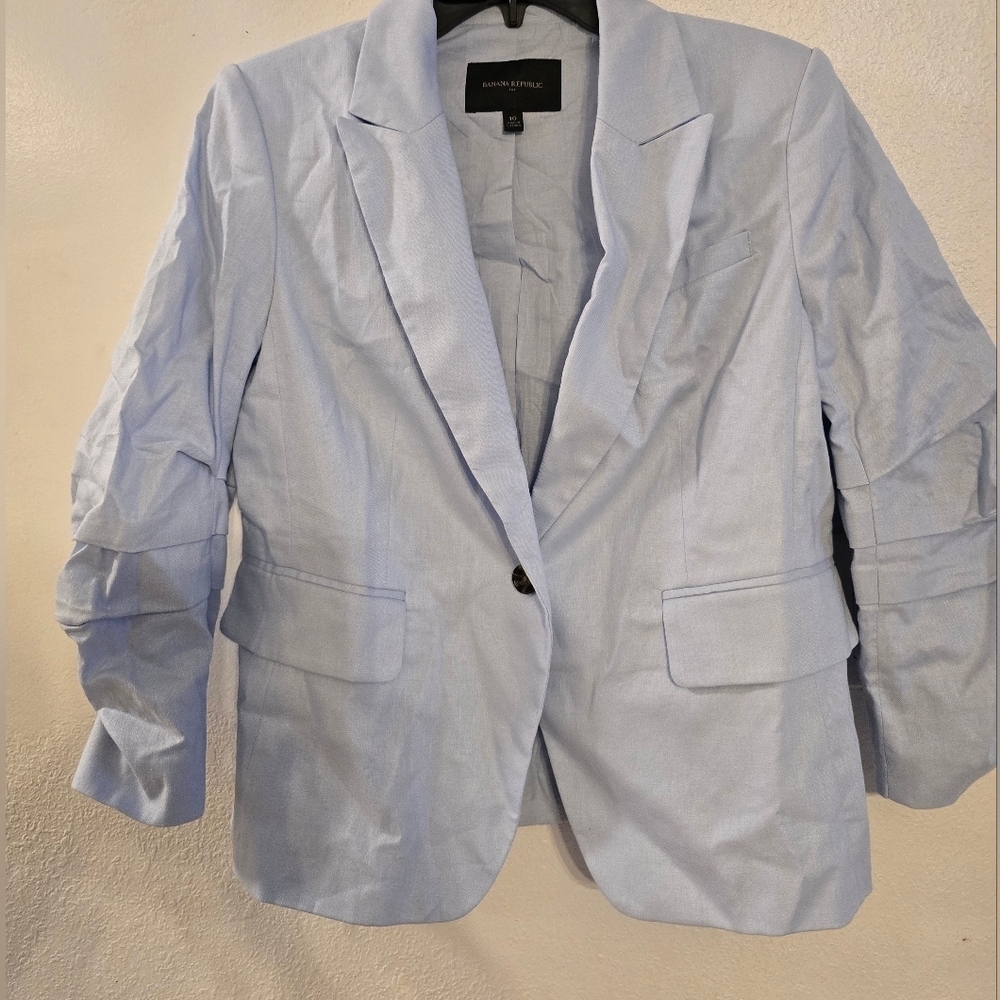NWOT Banana Republic Linen-Blend Ruched-Sleeve Blazer In Blue Meditation Size 10 - Picture 3 of 14